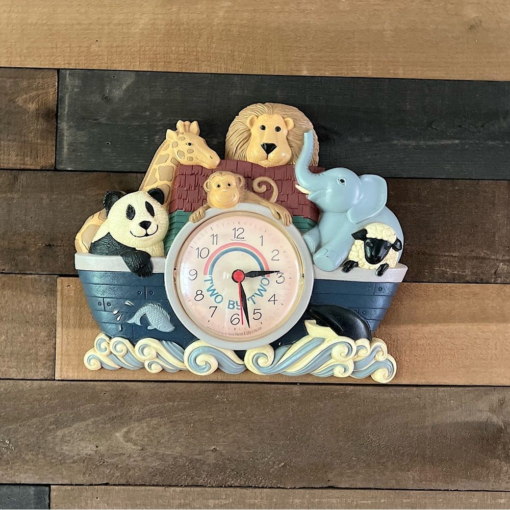 Vintage Noah's Ark Wall Clock Nursery Room Two By Two Rainbow Kids Time Working